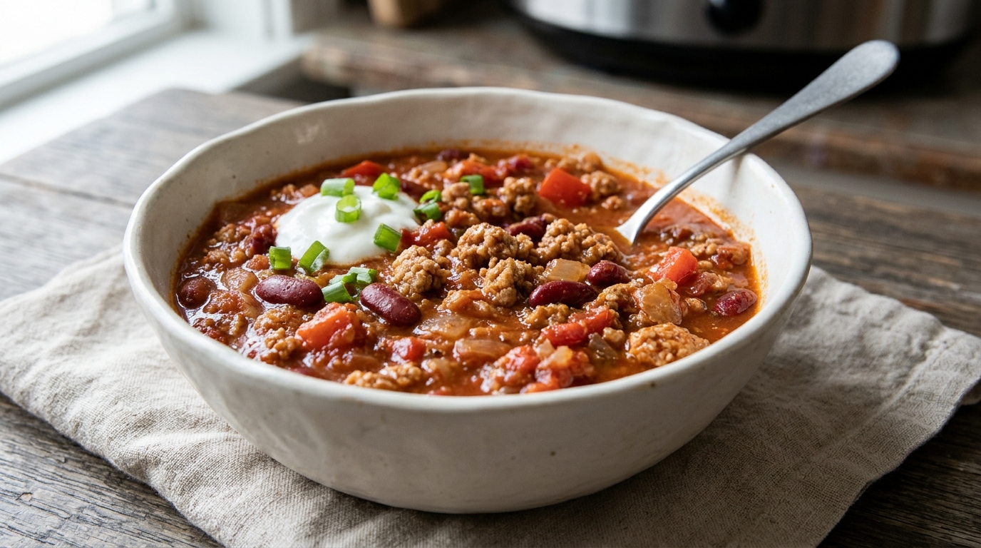 Thick turkey chili with red kidney beans, tomato, and bell pepper, topped with green onions.