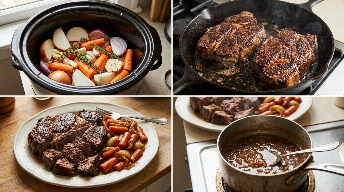 Four stages of pot roast: layering carrots and onions, searing chuck beef, pulling apart the tender roast, and making onion gravy.