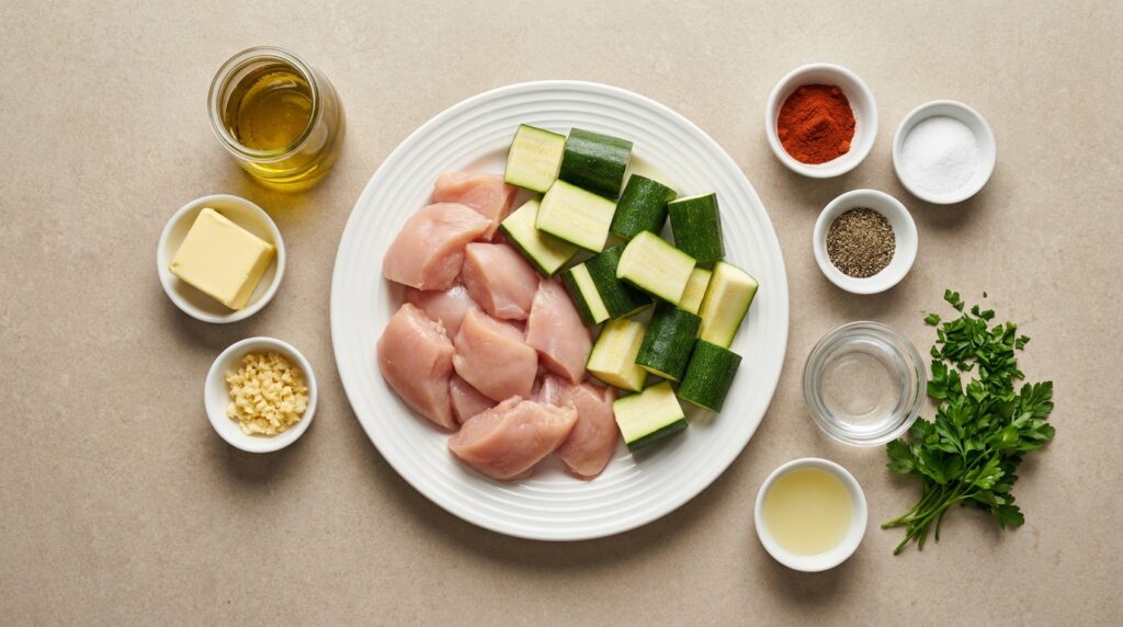 Raw chicken pieces, zucchini, butter, garlic, lemon, parsley, oil, and seasonings for garlic butter chicken bites