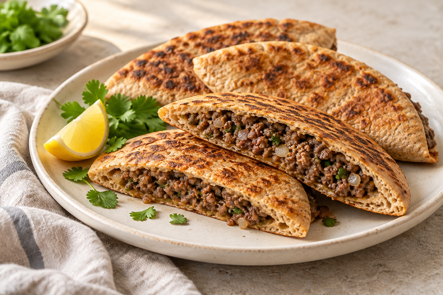 Golden wholemeal beef arayes on a ceramic plate, cut open to show the seasoned beef filling.