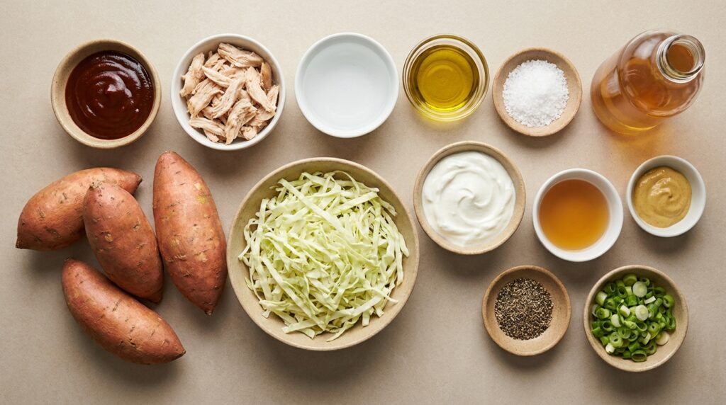 Sweet potatoes, cooked shredded chicken, barbecue sauce, cabbage, yogurt, vinegar, mustard, and seasonings for stuffed sweet potatoes