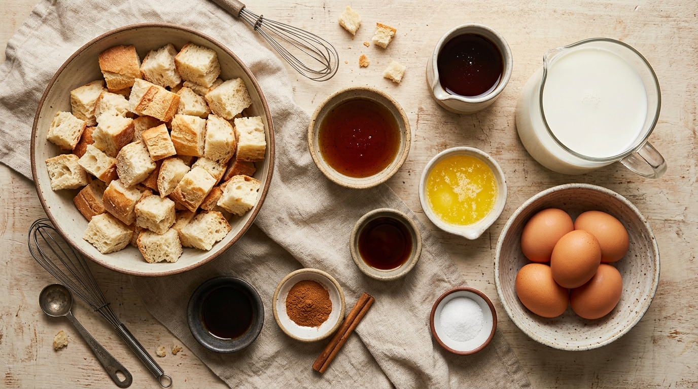 Ingredients for Maple Cinnamon French Toast Casserole arranged before baking