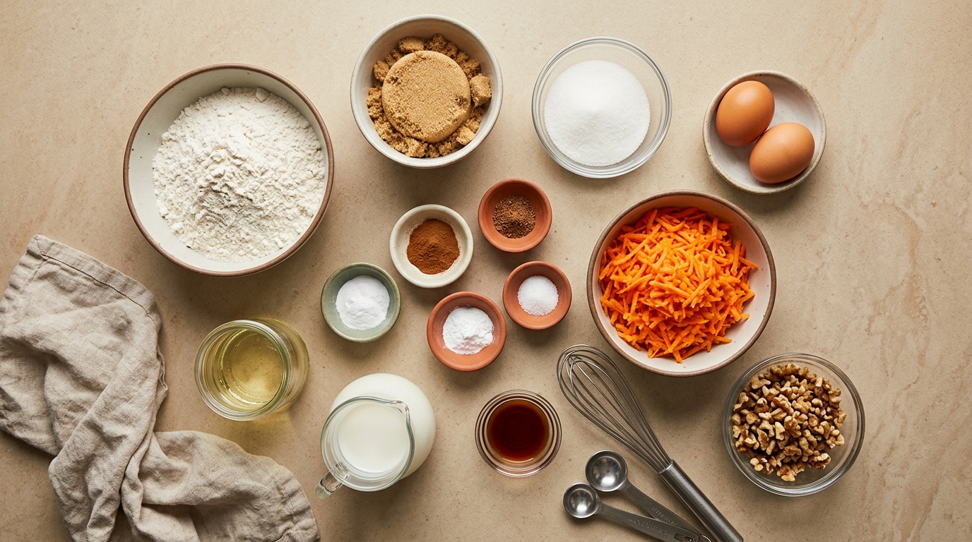 Ingredients for Carrot Walnut Breakfast Muffins arranged before baking
