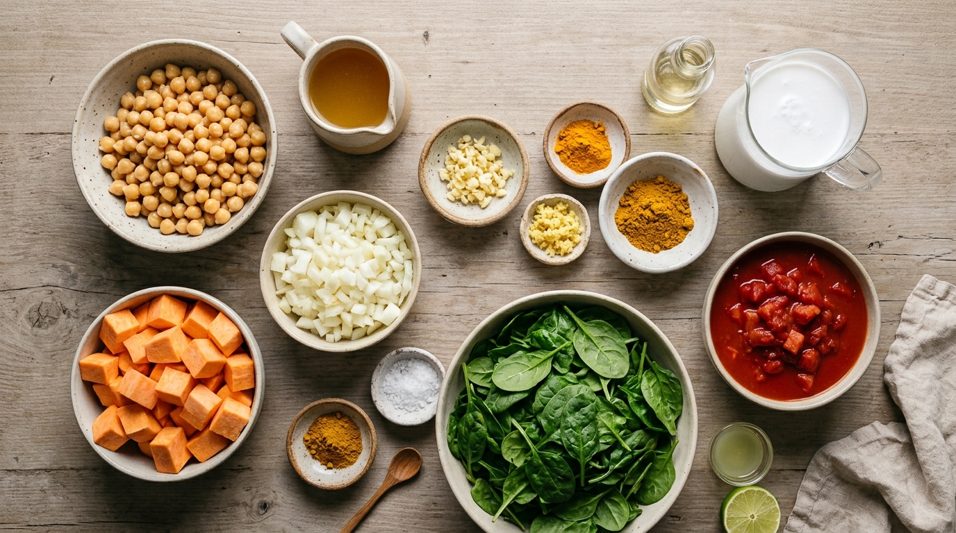 Ingredients for chickpea coconut curry, including chickpeas, sweet potato, coconut milk, tomatoes, spinach, and spices.