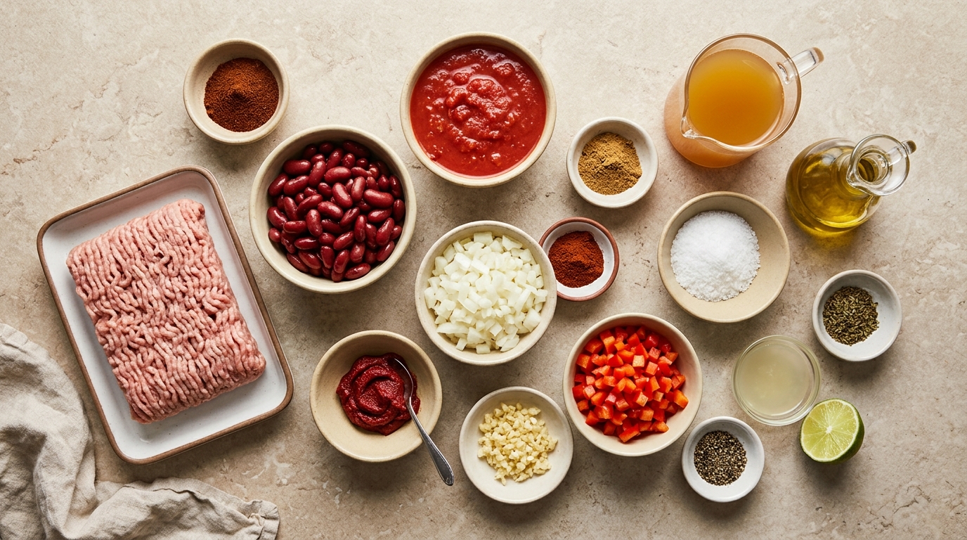 Ingredients for turkey chili, including raw ground turkey, kidney beans, tomatoes, onion, red bell pepper, and spices.