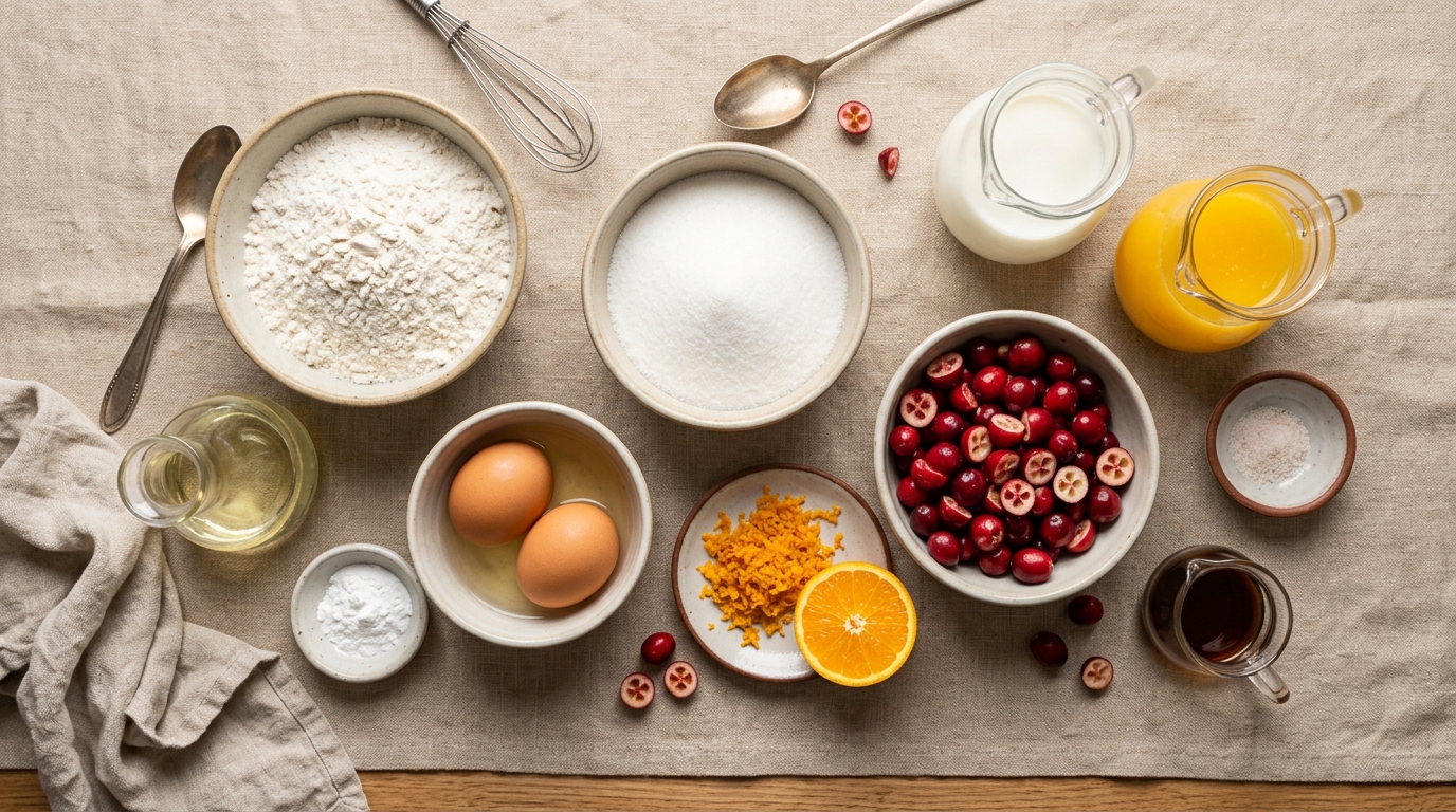 Ingredients for Cranberry Orange Quick Bread arranged before baking