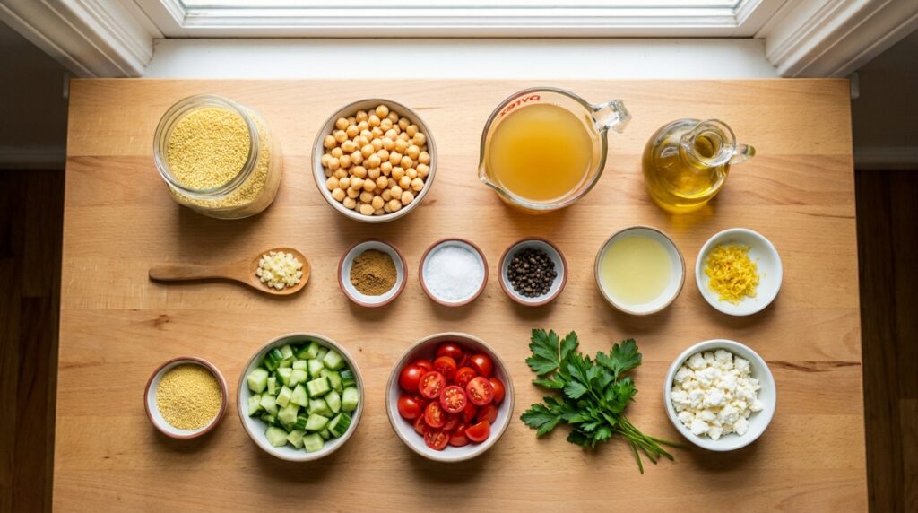 Fine couscous, cooked chickpeas, cucumber, tomatoes, feta, lemon, parsley, broth, oil, and seasonings for couscous bowls