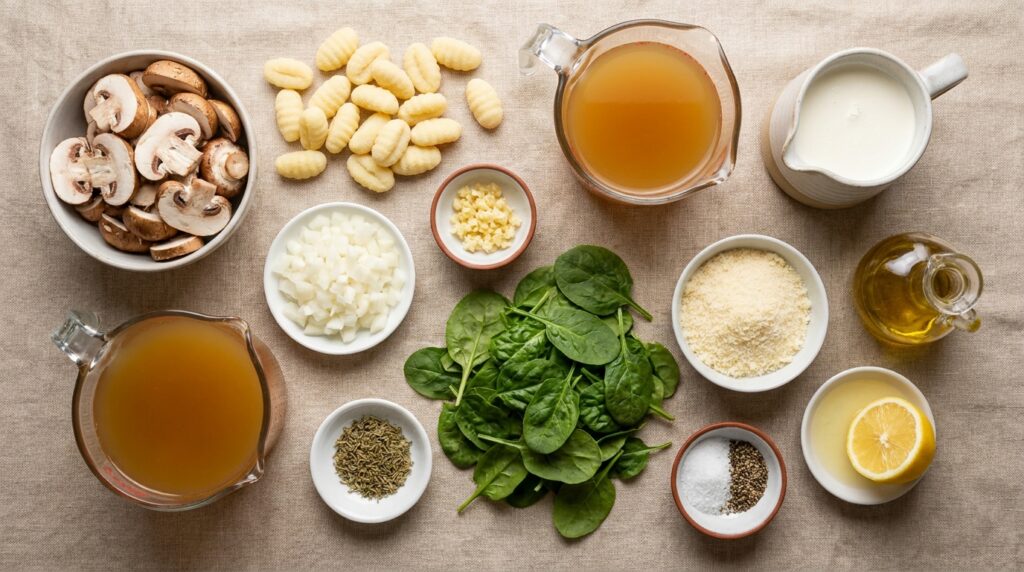 Potato gnocchi, mushrooms, spinach, onion, garlic, broth, cream, Parmesan, butter, and seasonings for creamy gnocchi