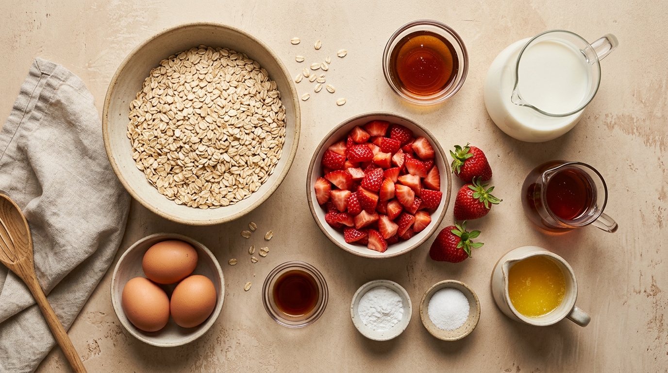 Ingredients for Strawberry Vanilla Baked Oatmeal arranged before baking
