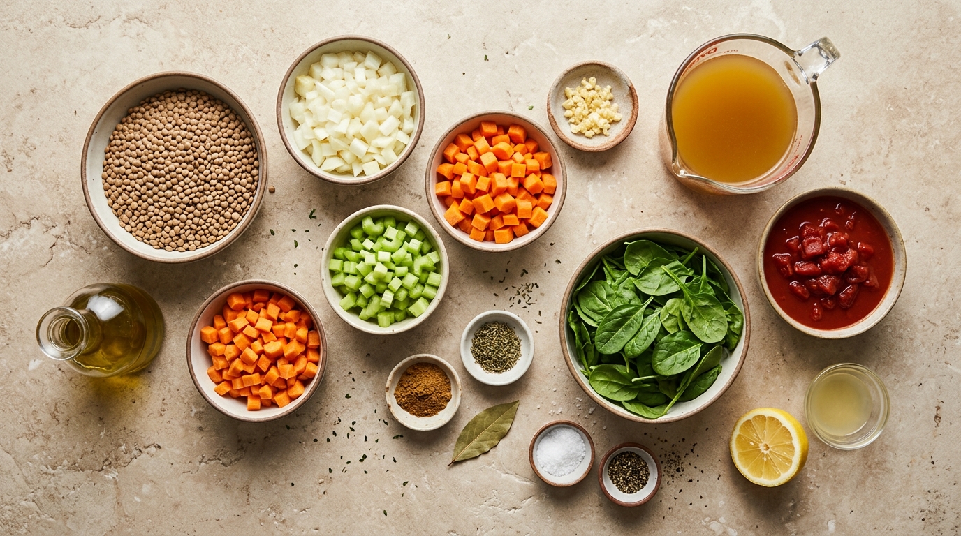 Ingredients for lentil soup, including dry lentils, carrots, celery, onion, tomatoes, spinach, and vegetable broth.