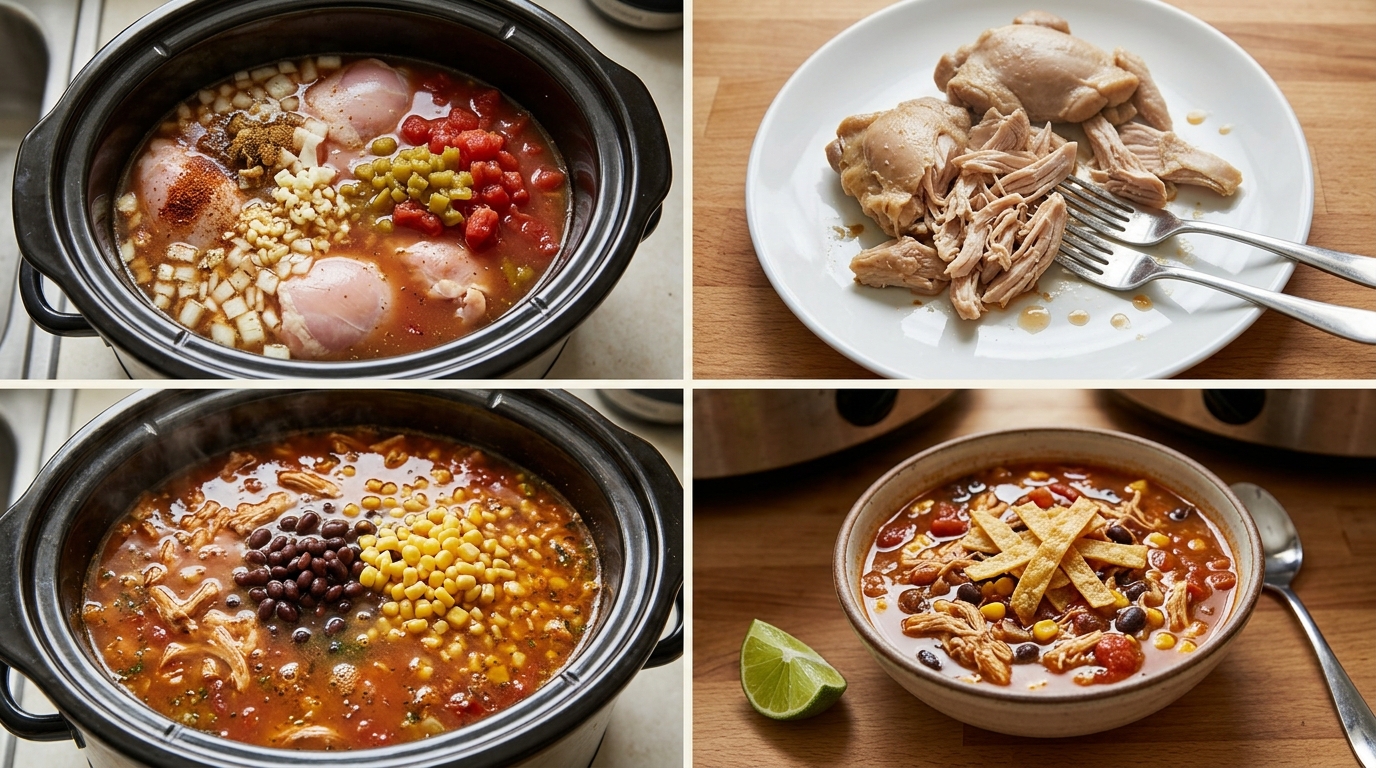 Four stages of tortilla soup: cooking chicken in broth, shredding the meat, adding black beans and corn, and serving with tortilla strips.