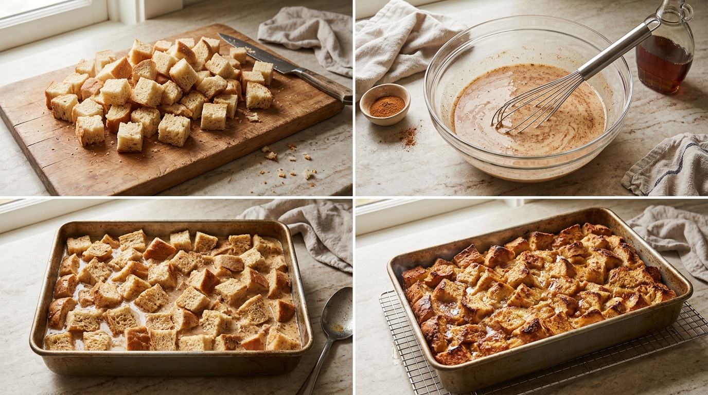 Four preparation stages for Maple Cinnamon French Toast Casserole