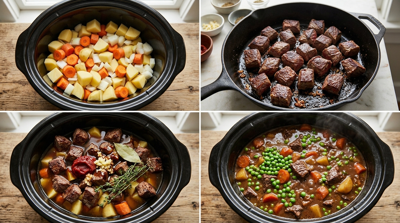 Four stages of beef stew: layering vegetables, browning beef cubes, loading the slow cooker, and finishing the stew with peas.