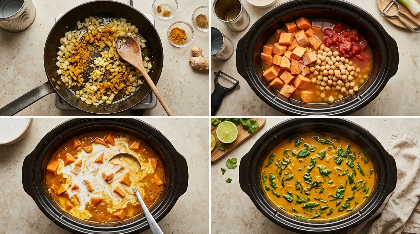 Four stages of chickpea curry: warming onion and spices, cooking chickpeas with sweet potato, adding coconut milk, and finishing with spinach.