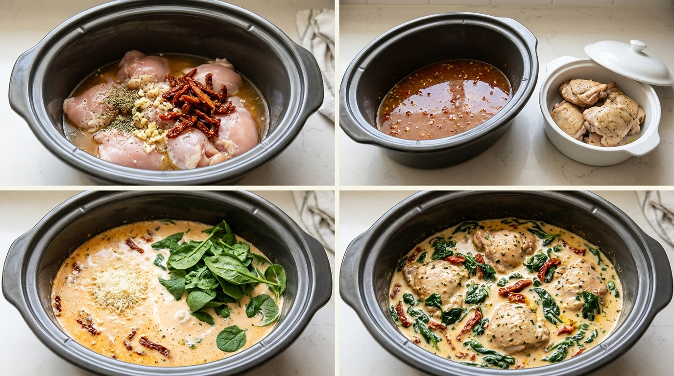Four stages of Tuscan chicken: cooking chicken with tomatoes and broth, removing it, finishing the cream sauce with spinach, and returning the chicken.
