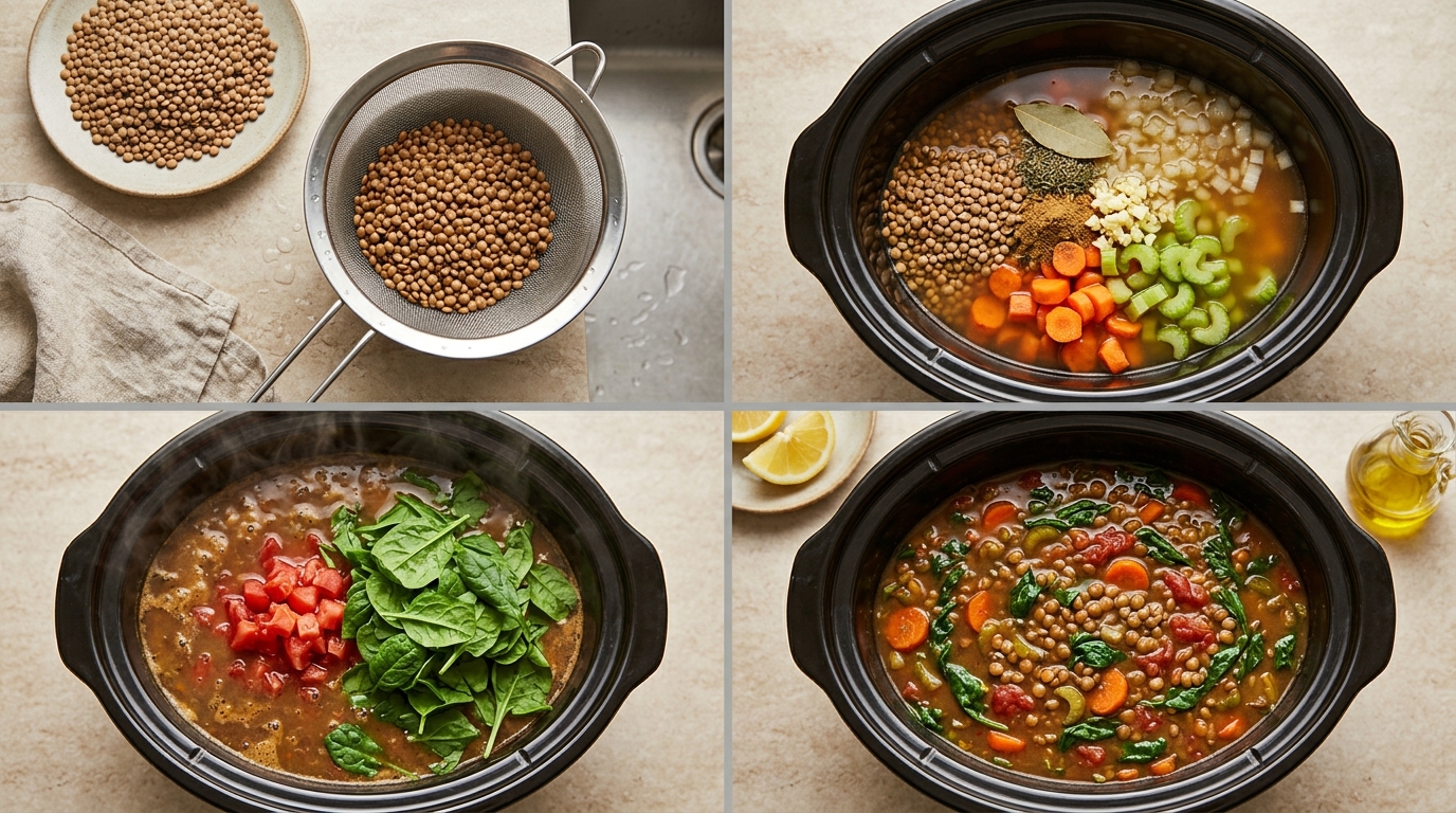 Four stages of lentil soup: rinsing lentils, adding vegetables and broth, adding tomatoes and spinach after cooking, and finishing the soup.