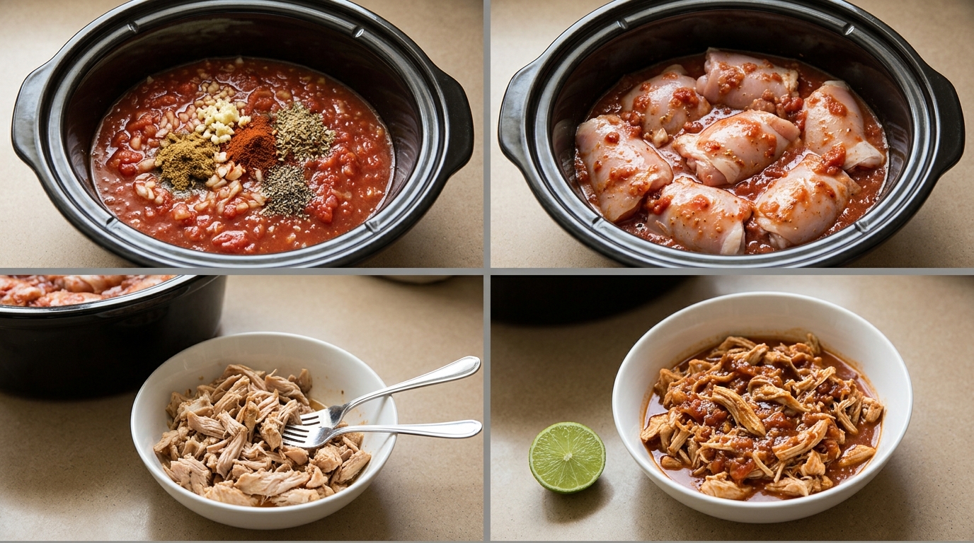 Four stages of salsa chicken: preparing the salsa base, adding chicken, shredding the cooked meat, and mixing it with sauce.