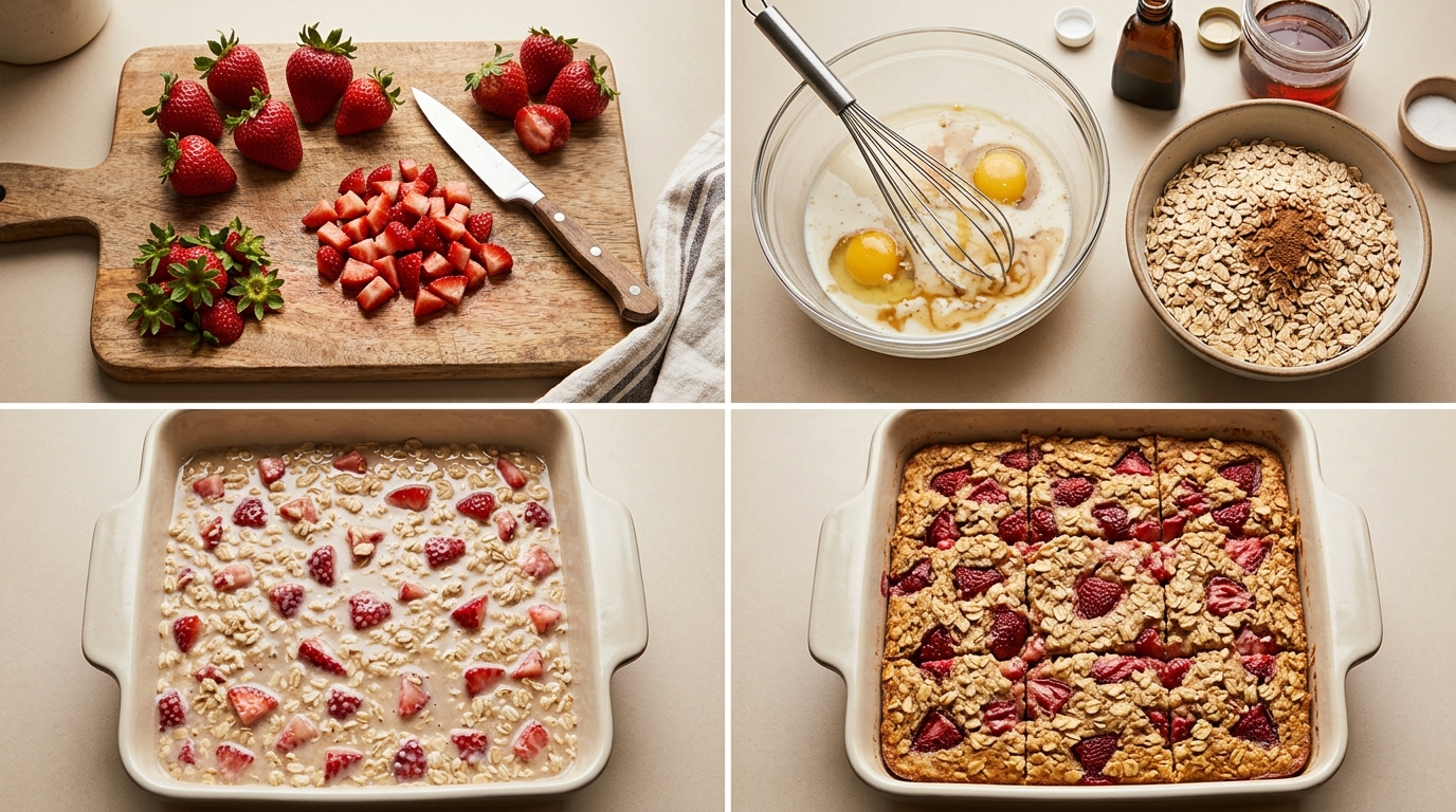 Four preparation stages for Strawberry Vanilla Baked Oatmeal