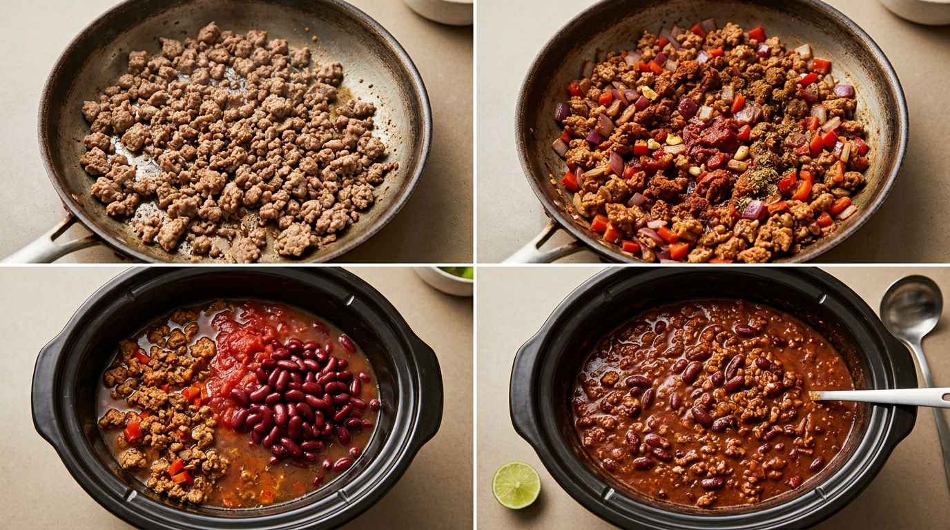 Four stages of turkey chili: browning turkey, cooking the aromatics, adding tomatoes and kidney beans, and finishing the chili.