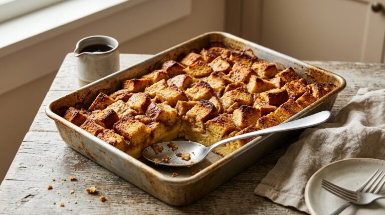Maple cinnamon French toast casserole with golden bread cubes and set custard