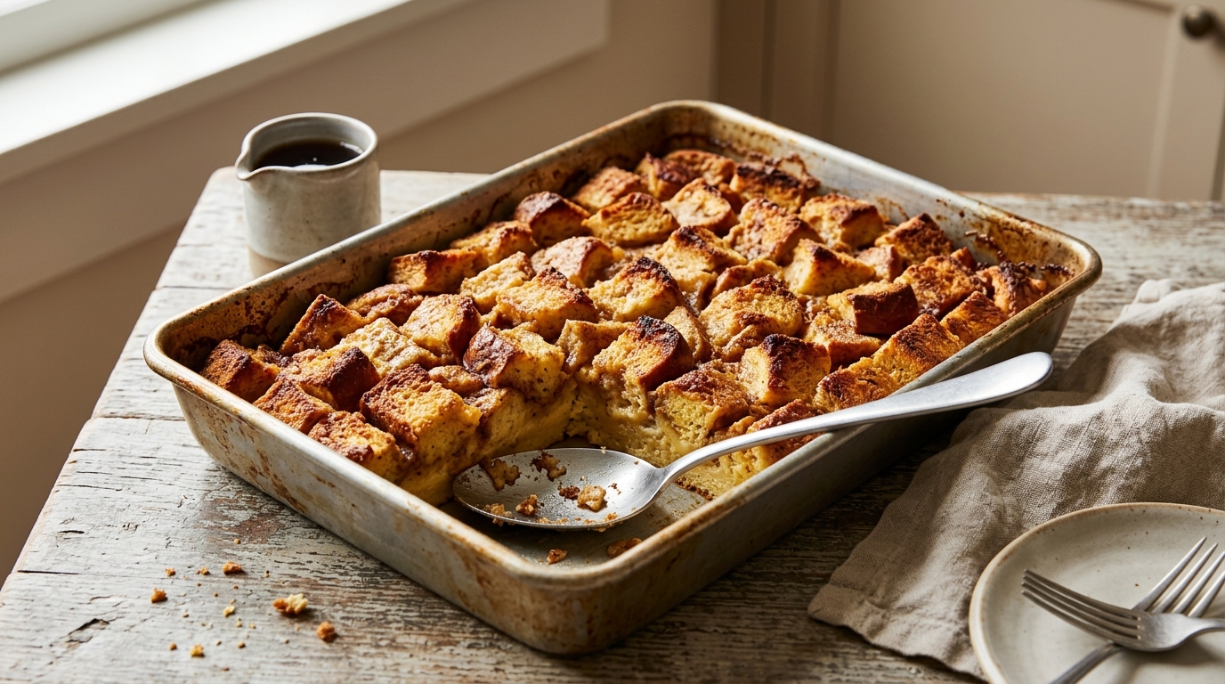 Maple cinnamon French toast casserole with golden bread cubes and set custard