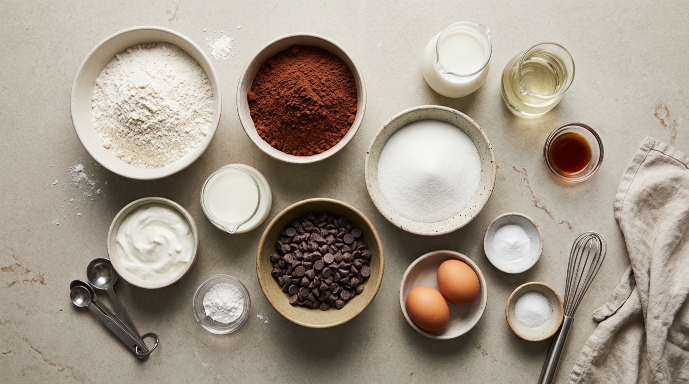 Ingredients for Double Chocolate Yogurt Muffins arranged before baking