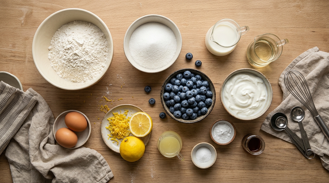 Ingredients for Blueberry Lemon Yogurt Muffins arranged before baking