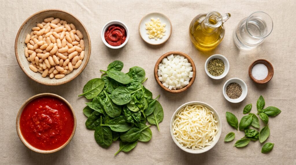 White beans, tomatoes, tomato paste, spinach, onion, garlic, mozzarella, basil, oil, and seasonings for a white bean tomato bake