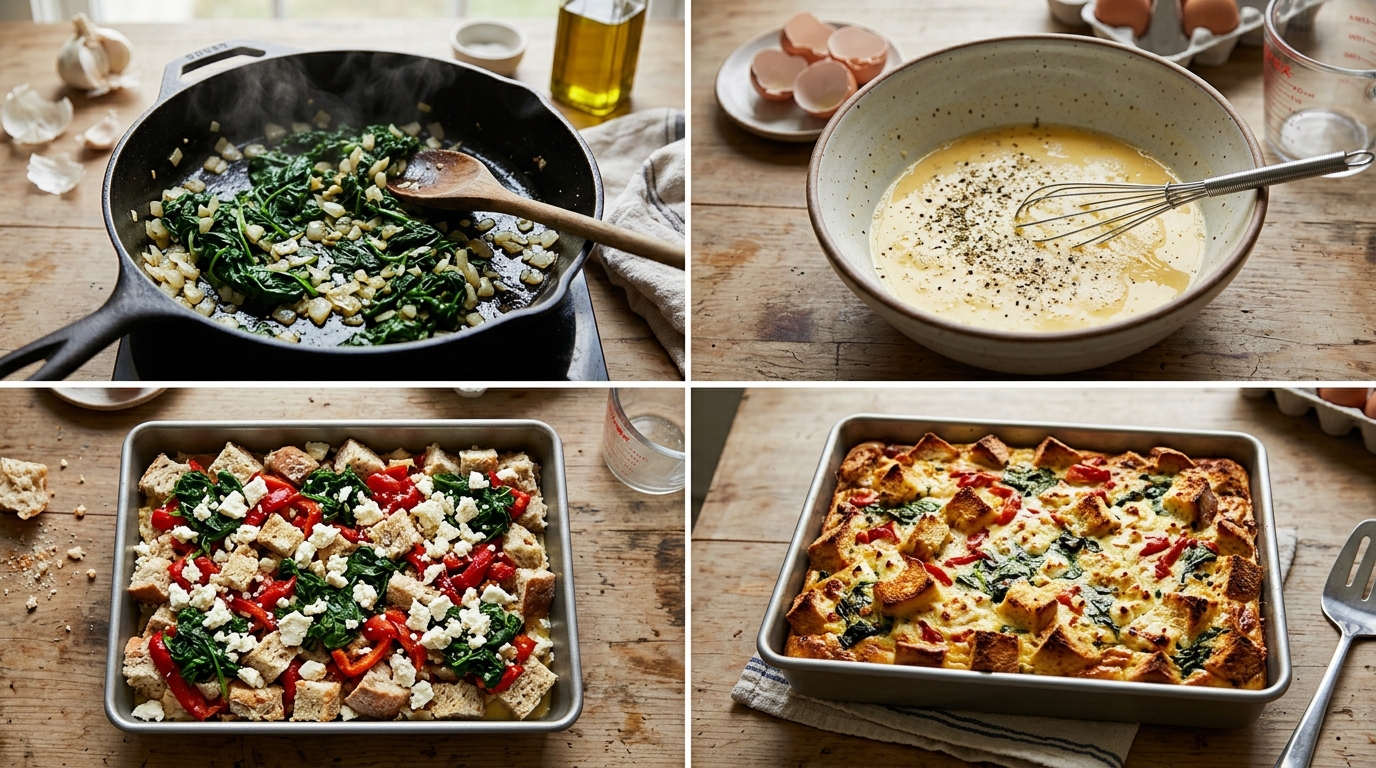 Four preparation stages for Roasted Red Pepper Feta Breakfast Strata
