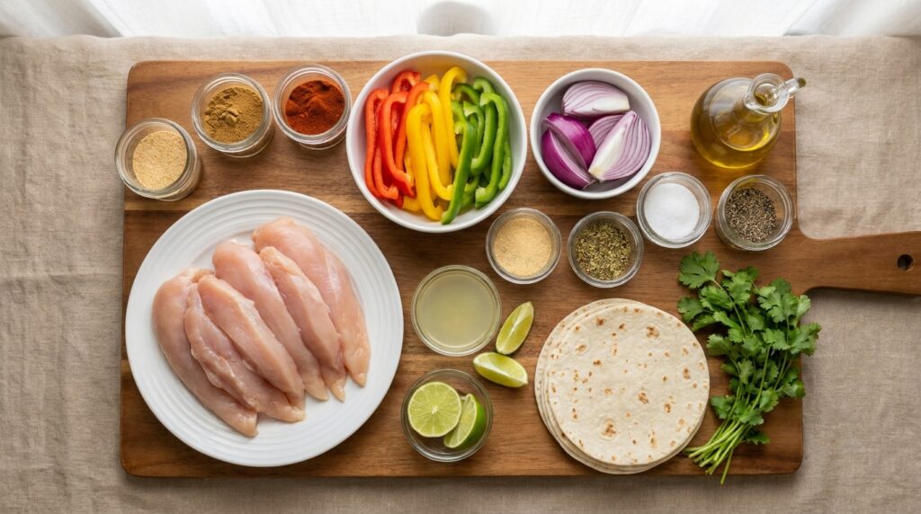 Raw chicken strips, colorful bell peppers, red onion, lime, tortillas, oil, and spices for sheet pan chicken fajitas