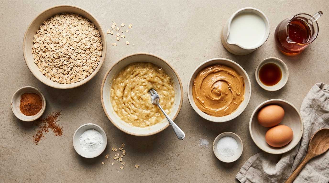 Ingredients for Banana Peanut Butter Baked Oatmeal arranged before baking