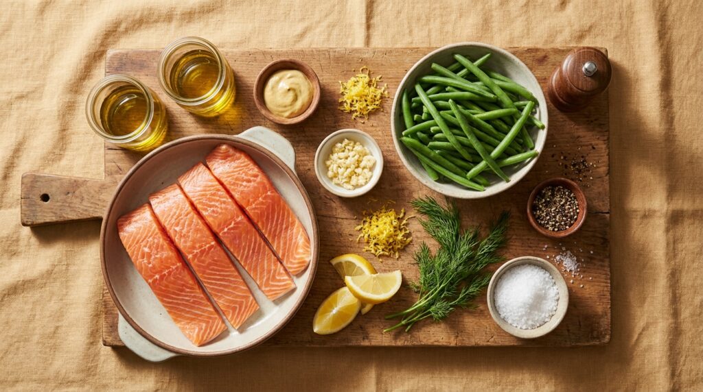 Raw salmon portions, green beans, lemon, dill, garlic, Dijon mustard, oil, salt, and pepper arranged for sheet pan salmon