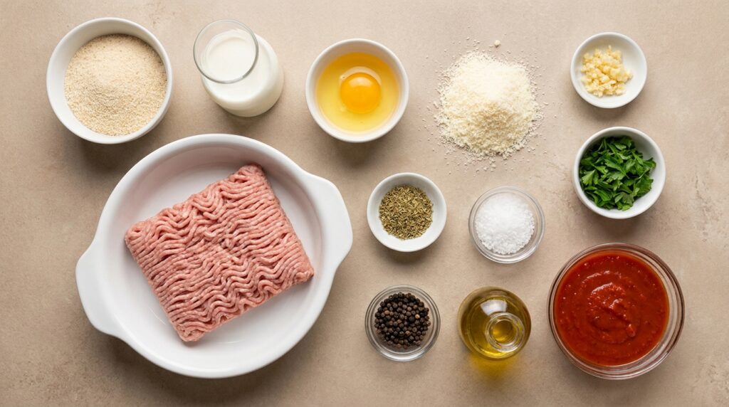 Ground turkey, breadcrumbs, milk, egg, Parmesan, garlic, parsley, seasonings, and marinara for baked turkey meatballs