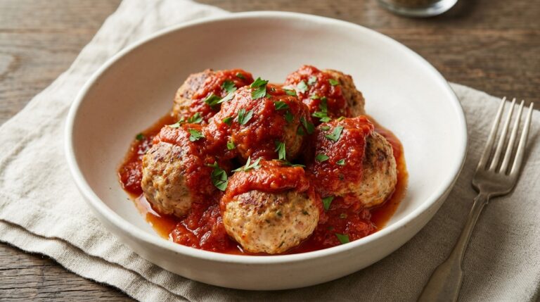 Baked turkey meatballs coated in red marinara sauce with parsley
