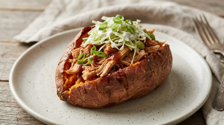 Baked sweet potato filled with shredded barbecue chicken and cabbage slaw