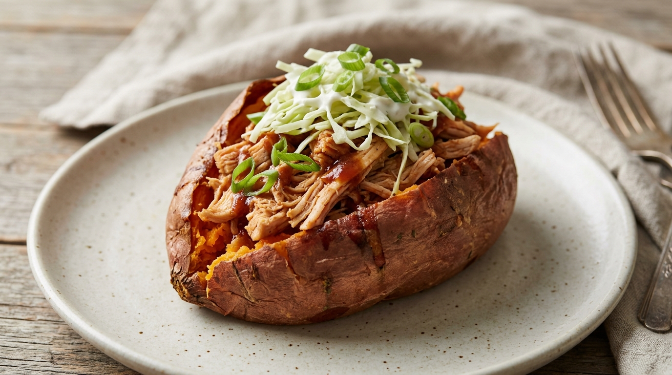 Baked sweet potato filled with shredded barbecue chicken and cabbage slaw