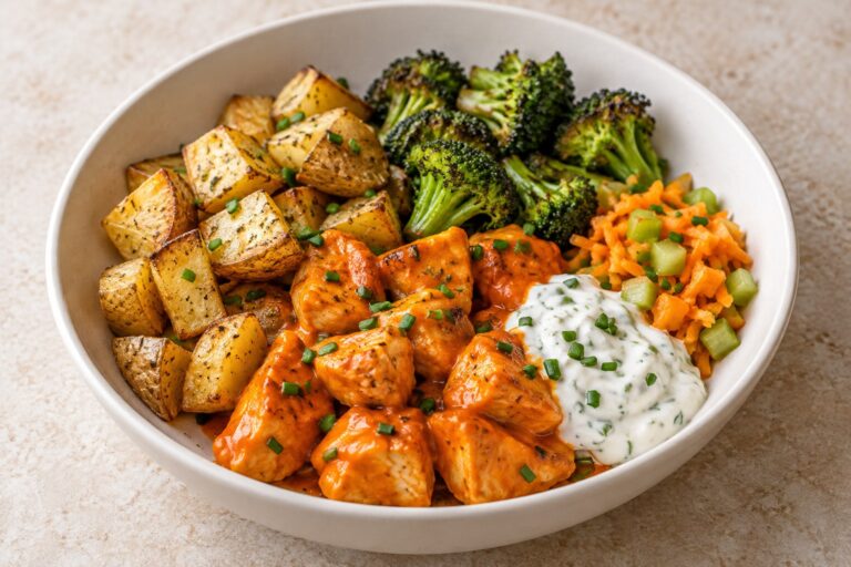 Buffalo chicken bowl with roasted potatoes, broccoli, celery, carrots, and herb yogurt