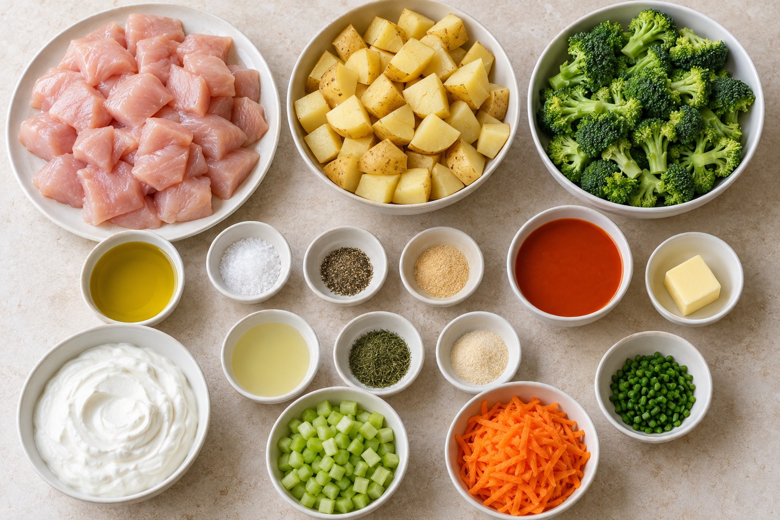 Ingredients for Buffalo Chicken Potato Meal Prep Bowls