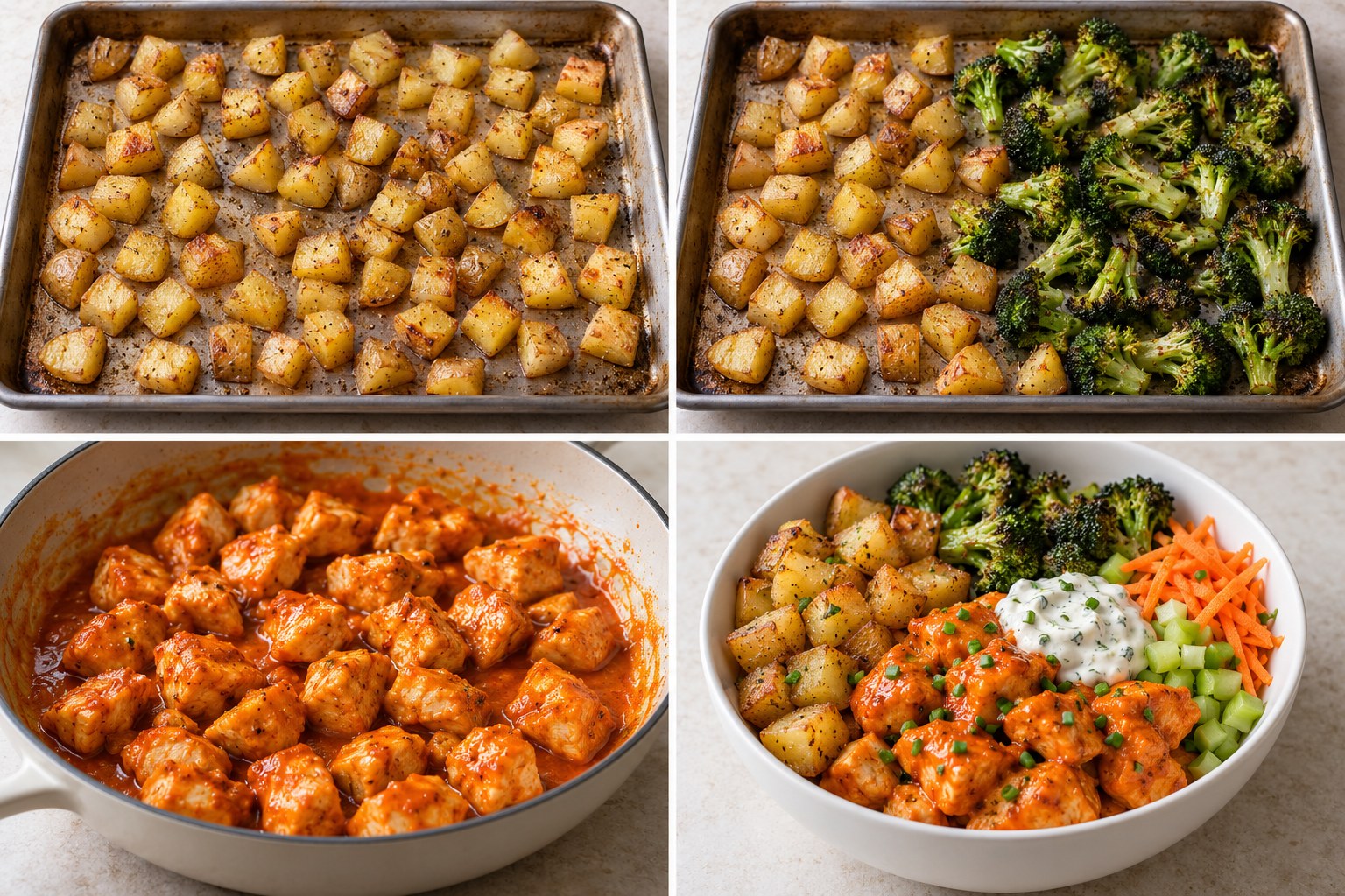 Four preparation stages for Buffalo Chicken Potato Meal Prep Bowls