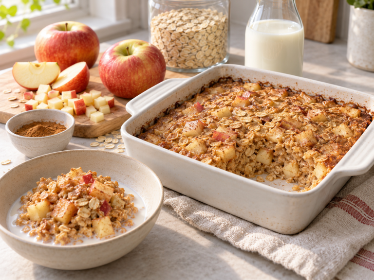 Cinnamon apple baked oatmeal with a warm portion served alongside