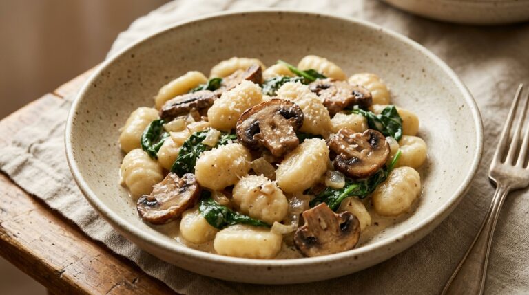 Potato gnocchi in creamy sauce with sliced mushrooms and wilted spinach