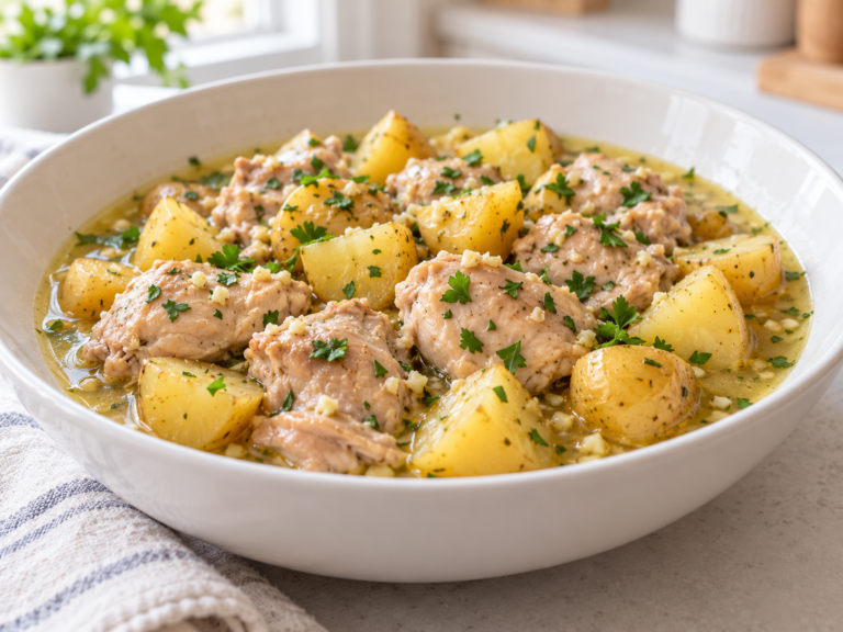 Lemon garlic chicken thighs and baby potatoes in a light broth with parsley