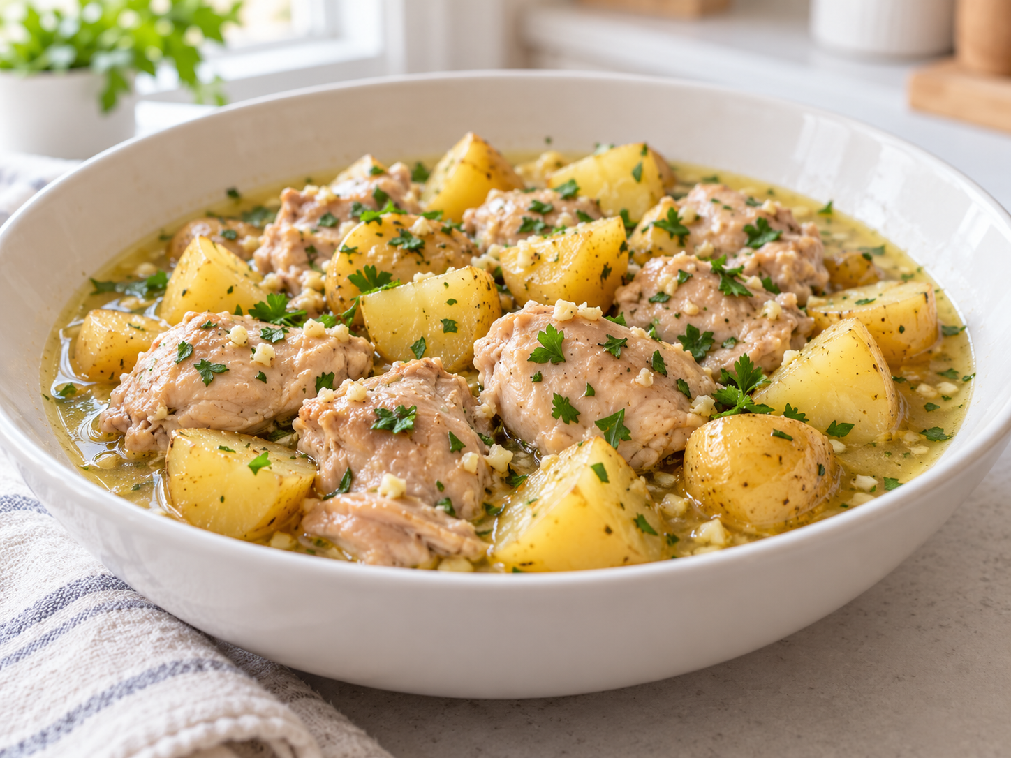 Lemon garlic chicken thighs and baby potatoes in a light broth with parsley