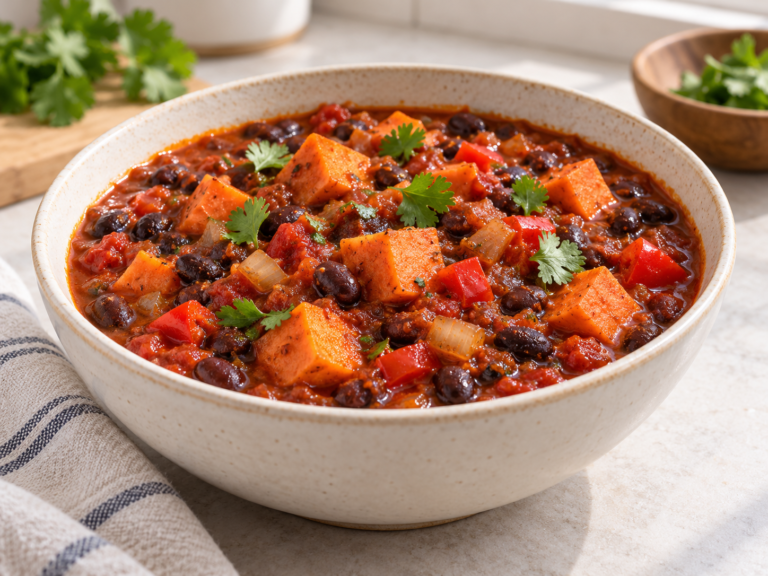 Sweet potato and black bean chili with tomatoes and red pepper in a bowl