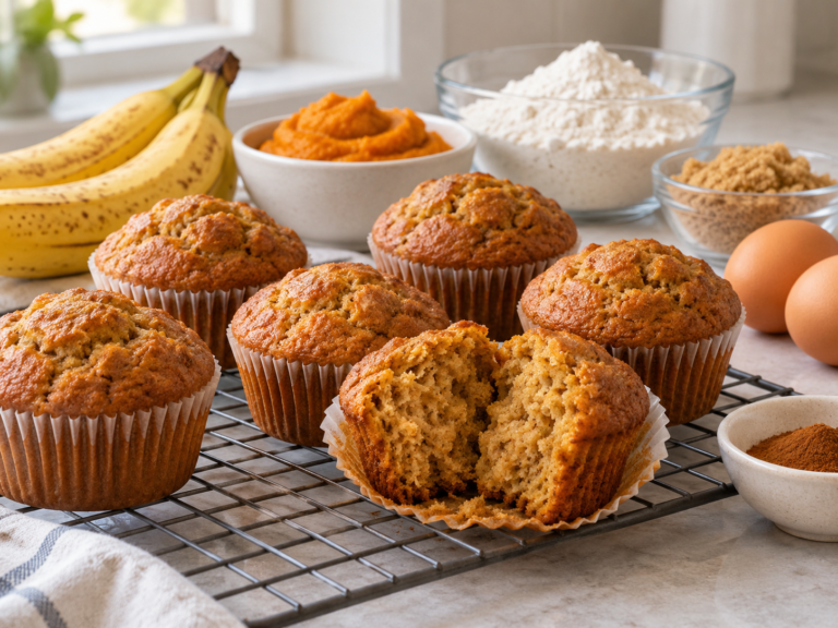 Pumpkin banana muffins on a cooling rack, with one opened to show the crumb