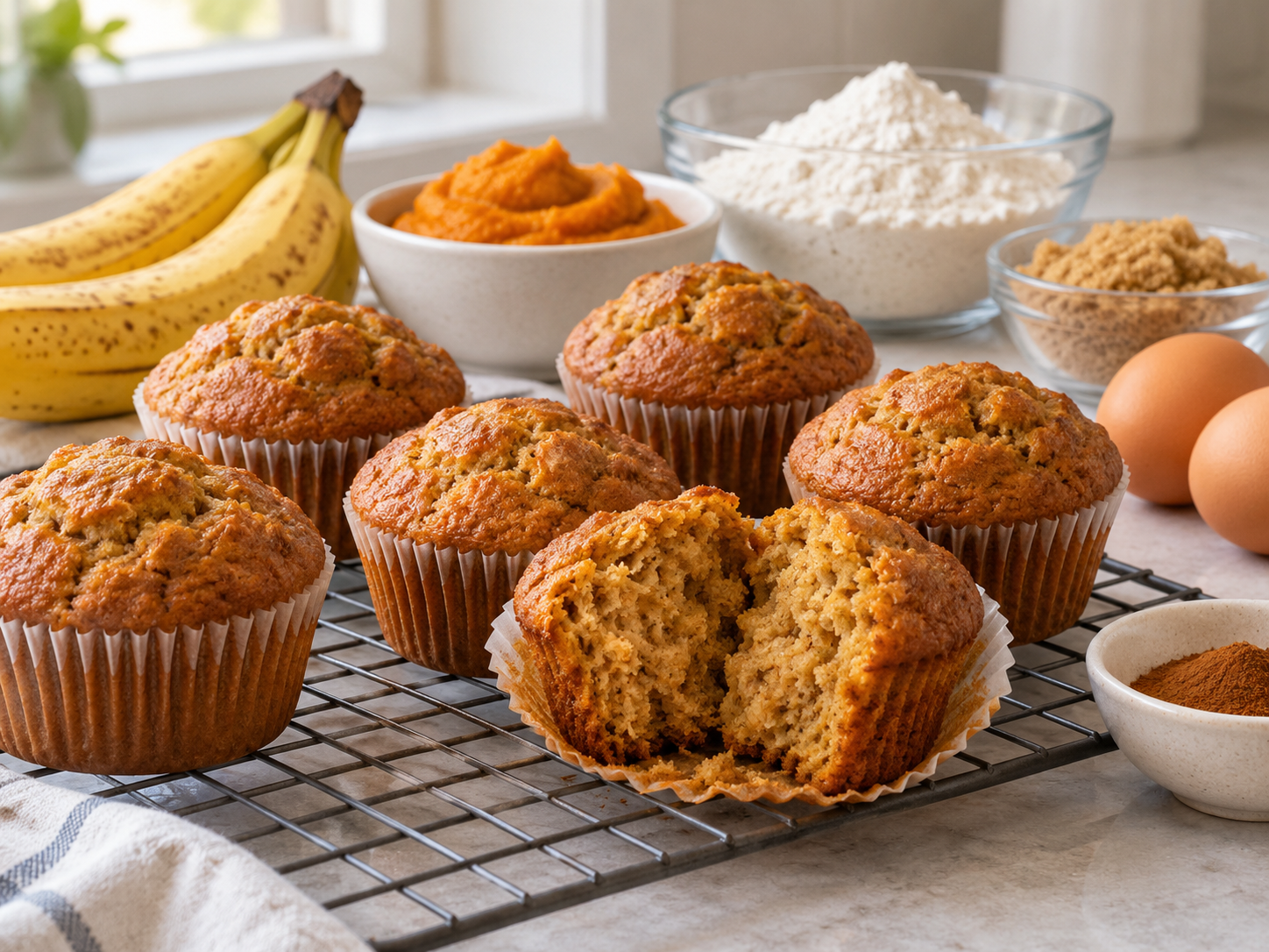 Pumpkin banana muffins on a cooling rack, with one opened to show the crumb