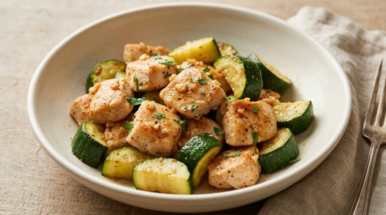 Golden garlic butter chicken bites with zucchini chunks and chopped parsley