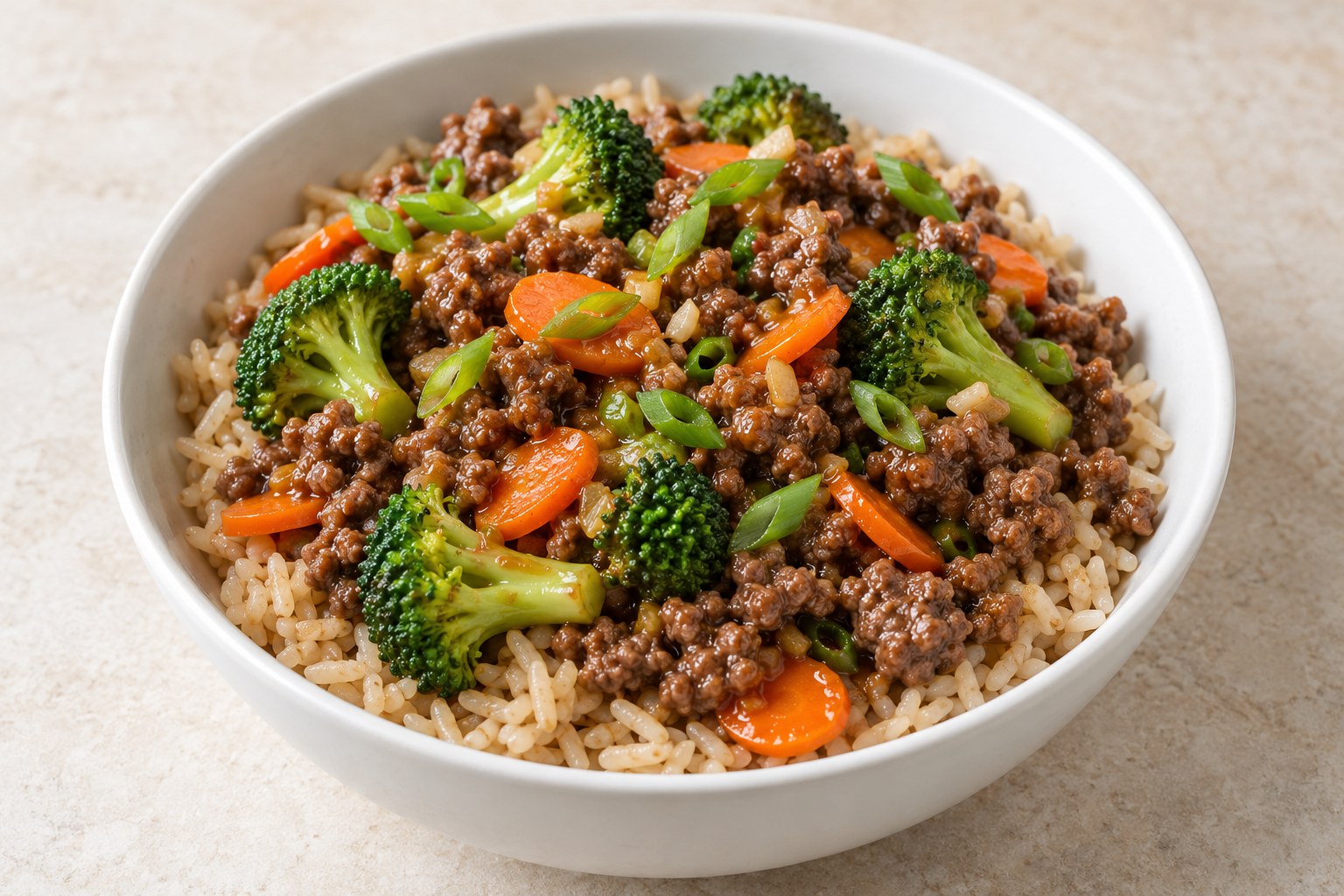 Ground beef and broccoli over brown rice with carrots and ginger sauce