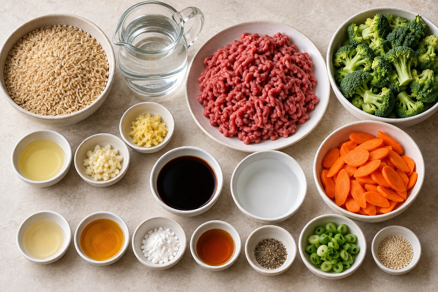 Ingredients for Ginger Ground Beef and Broccoli Rice Bowls