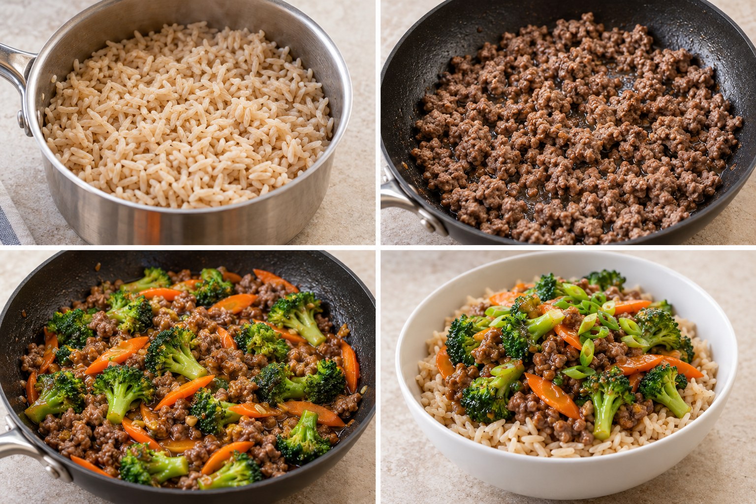 Four preparation stages for Ginger Ground Beef and Broccoli Rice Bowls